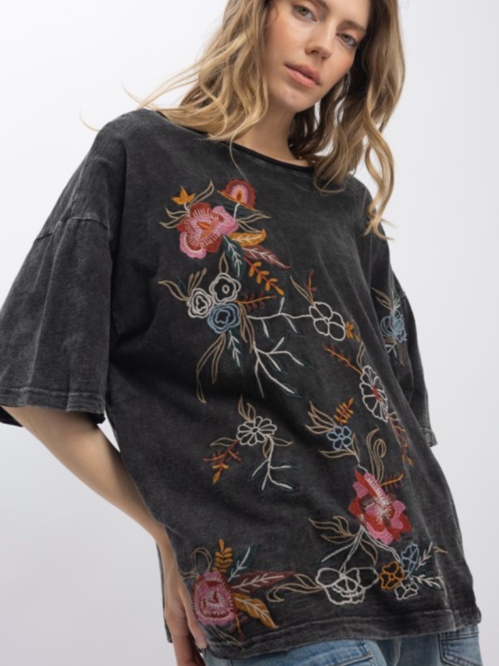 AMAZING Black Mineral Wash Embroidery Tee with POCKETS